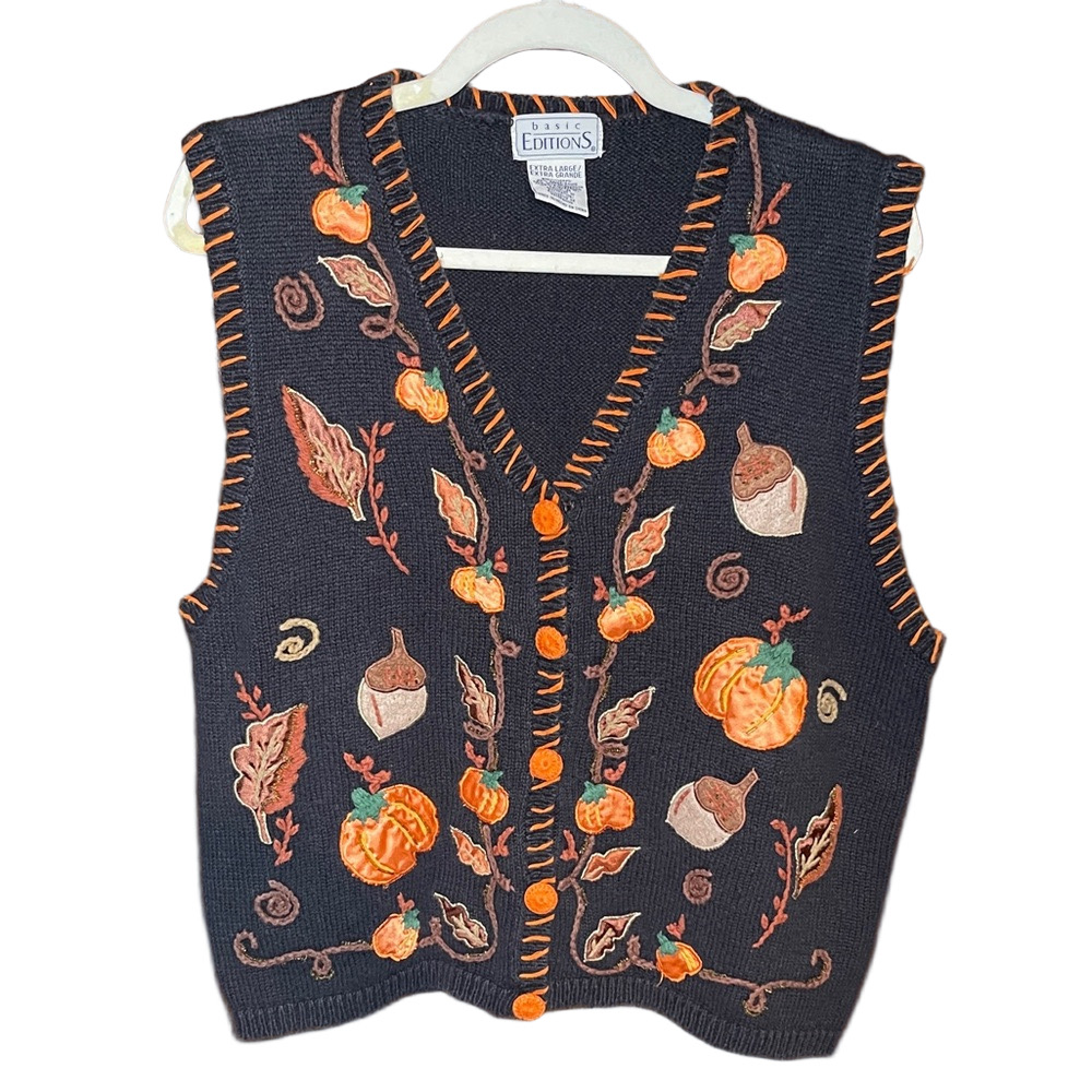 Basic Editions Black V-Neck Sweater Vest with Orange and Brown Accents
